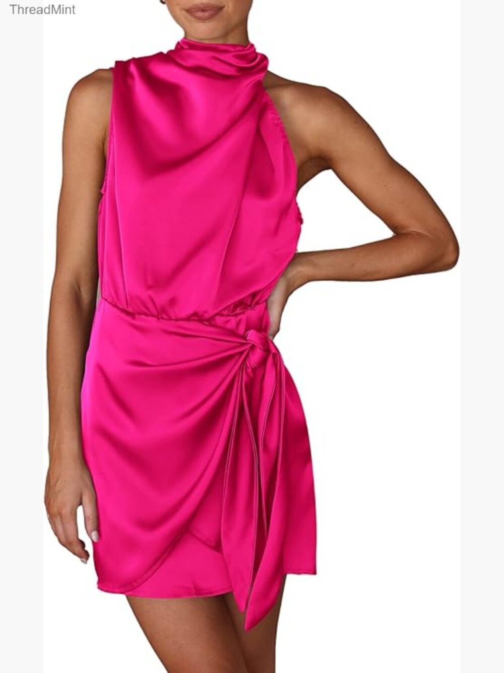 Mock Neck Satin Mini Dress Sleeveless Tie Waist Formal Cocktail